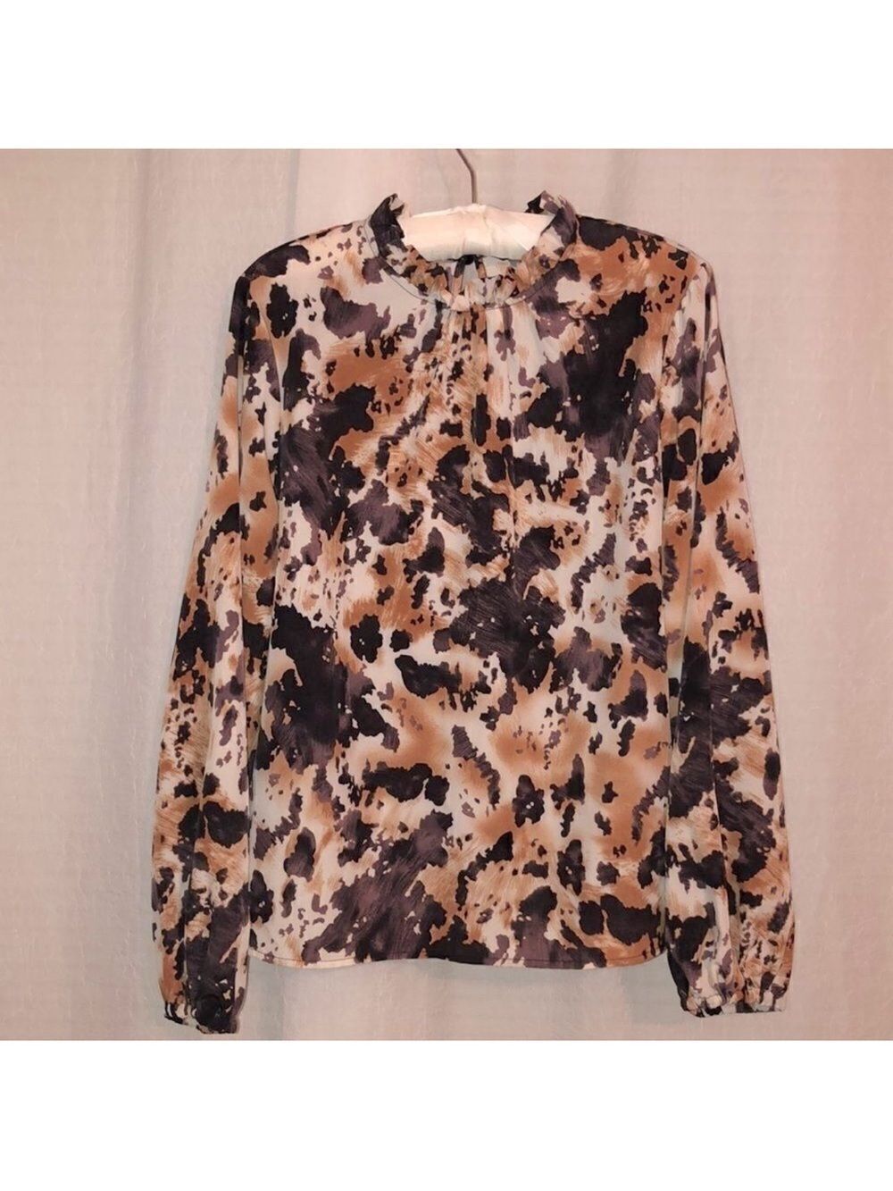 SHEIN L Spotted Multicolor Ruffle Mock Neck Balloon Sleeve Long Sleeve Blouse